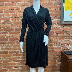 Stewart +  Brown Organic Hemp Knit Black Wrap Dress Ruched Sleeves M